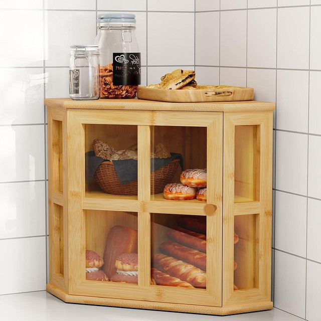 HOLTICO Bamboo Corner Bread Box for Kitchen Countertop, 2 Tier Bread Storage for Homemade Bread with Acrylic Door, Large Kitchen Counter Storage Bread Bin, Natural Wood