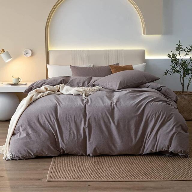 JIYUAN 100% Washed Cotton Duvet Cover Comfy Simple Style Solid Color Soft Breathable Textured Durable Linen Feel Bedding Sets for All Seasons King Size, Dark Mauve Brown