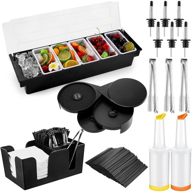Mifoci Garnish Tray with Lid Bar Caddy 3 Tier Bar Glass Rimmer 12 Stainless Steel Classic Bottle Pourers 2 Plastic Juice Pour Bottles 1000 Count Cocktail Stirrers 3 Serving Tongs Set (6 Compartments)