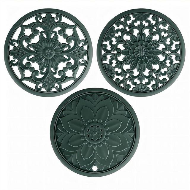 Viwehots Silicone Trivets Mats -Silicon Mat for Hot Pots and Pans, Multi-Use Carved Hot Pads and Mats, Flexible Modern Kitchen Table Mat, Heat Resistant Round Teapot Coaster Set of 3 Green