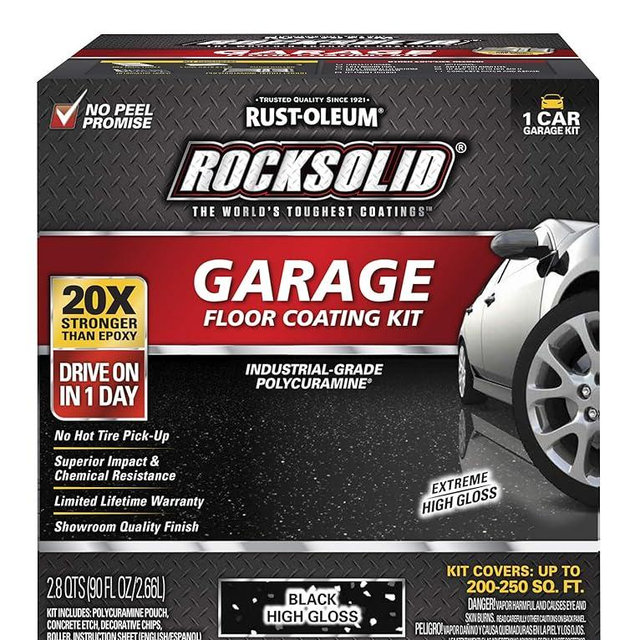 Rust-Oleum 318712 RockSolid Polycuramine Garage Floor Coating, 1 Car Kit, High Gloss Black
