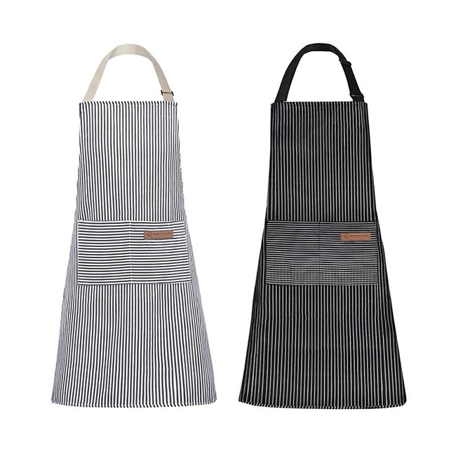 Tosewever 2 Pieces Kitchen Cooking Aprons, Cotton Polyester Blend Adjustable Bib Aprons with 2 Pockets for Women Men Chef Chef (Navy/Black Stripes, 2)
