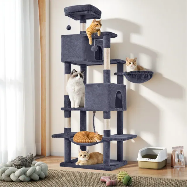 66 inch Cat Tree Tower, Large Multi-Cat Climbing, Extended Platform, Hammock, Pet House for Indoor Cats and Kittens Play