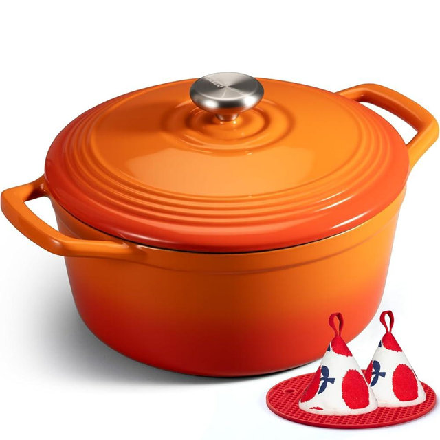 Overmont Enameled Cast Iron Dutch Oven - 5.5QT Pot with Lid Cookbook & Cotton Potholders - Heavy-Duty Cookware for Braising, Stews, Roasting, Bread Baking Orange