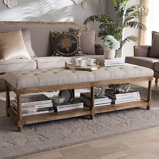 Baxton Studio Celeste French Country Weathered Oak Beige Linen Upholstered Ottoman Bench French Country/Beige/Weathered Oak/Fabric Cotton 50%/