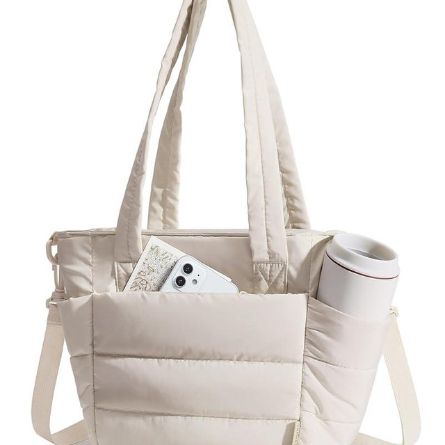 BAGSMART Lunch Bag Women Small Insulated Tote with Lunch Compartment Quilted Lightweight Puffy Tote Bag for Work, Travel, Outdoor, Beige