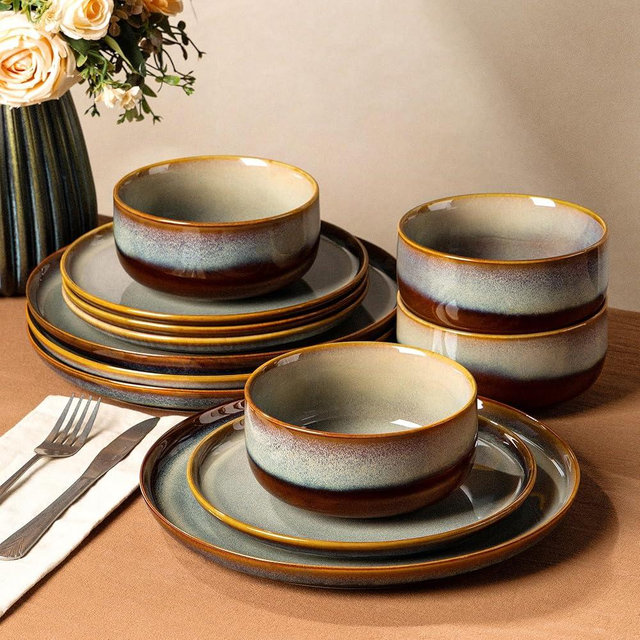 TheTerra Ceramic Dinnerware Sets for 4, 12 Pieces Handmade Reactive Glaze Plates and Bowls Set, Scratch Resistant Dish Set, Oven & Microwave & Dishwasher Safe, Dusk Blue