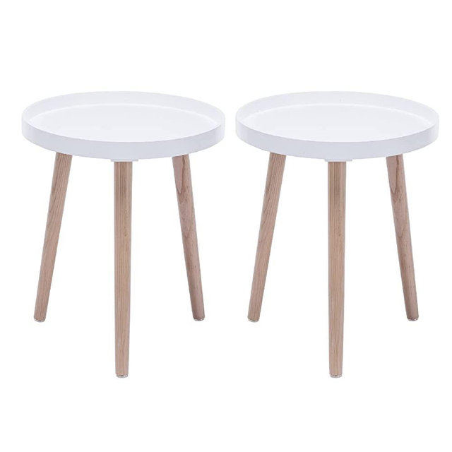APICIZON Round Side Table Set of 2, White Tray Nightstand Coffee End Table for Living Room, Bedroom, Small Spaces, Easy Assembly Bedside Table, 15 x 18 Inches, Natural