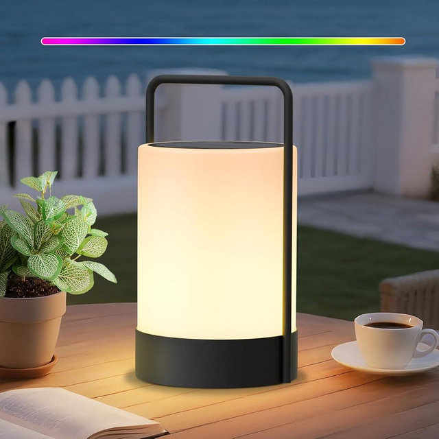 uuffoo Solar Lantern LED Outdoor Table Lamp Cordless Metal Frame IP44 Weather Resistant RGB and Warm White 7-15H Battery Life for Indoor Outdoor Patio Camping Restaurant Terrace