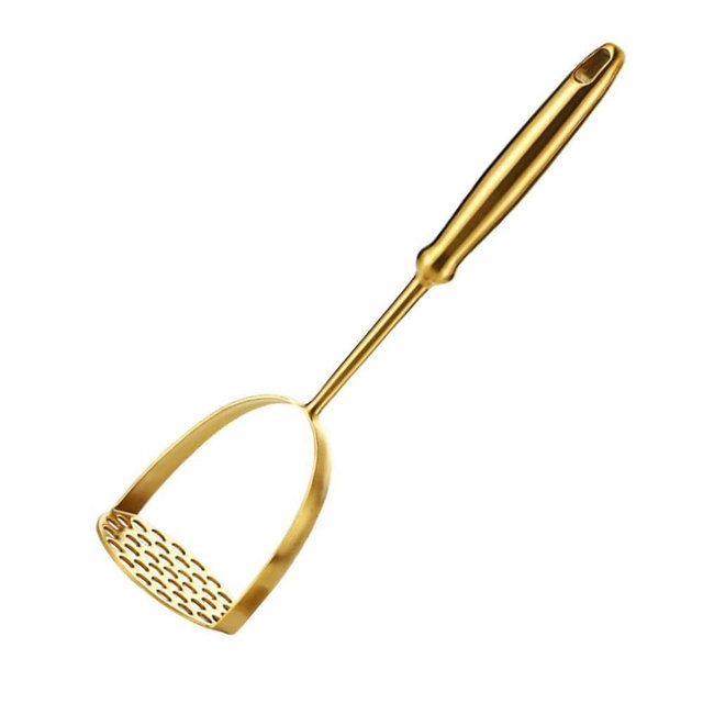 Golden Potato Masher Stainless Steel Heavy Duty Ergonomic Handle for Mashed Potatoes Avocado Ground Beef & Beans Dishwasher Safe Kitchen Tool (Round Style)