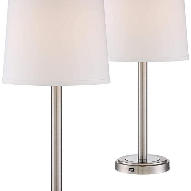 Camile Modern Table Lamps Set of 2 with Hotel Style USB Charging Port Brushed Nickel Off White Drum Shade for Living Room Bedroom House Bedside Nightstand Home Office Family - 360 Lighting