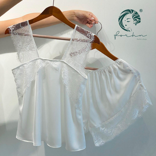 White Lace Satin Cami Shorts Pajama Set | Bride Getting Ready Outfit | Bridesmaid Pajamas