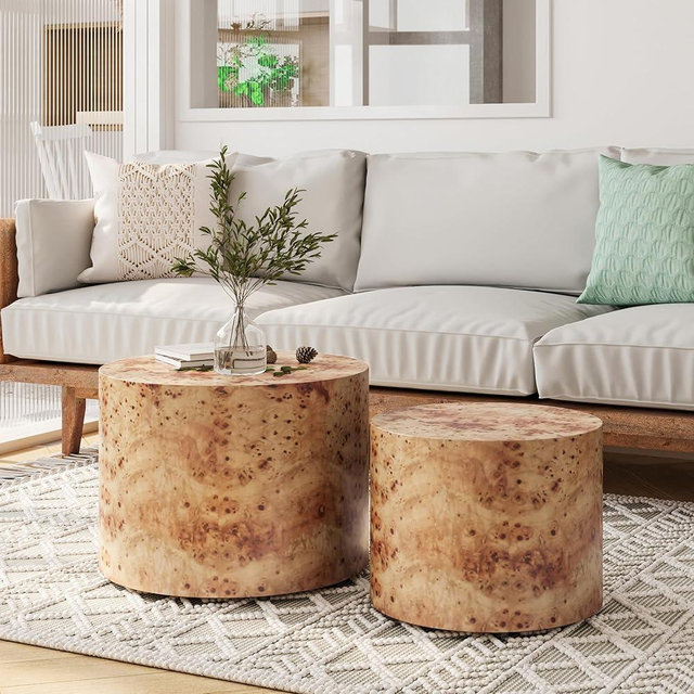 KEVINSPACE Small Coffee Table Nesting Coffee Tables Round Set of 2 Circle Wood Living Room Drum Modern No Need Assembly Natural Burl
