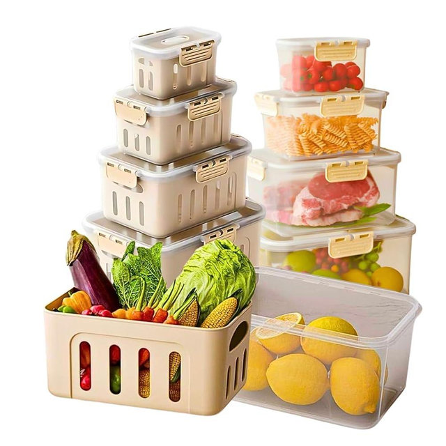 DAZZLEREE 5-Pack Fruit Containers for Fridge Keep Fresh – Airtight Food Containers with Lids, Produce Saver with Removable Colander, Fridge Organizers, Microwave & Dishwasher Safe (Cream)