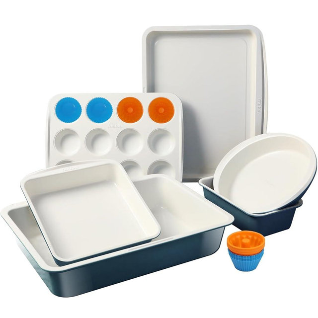 Ymiton Ceramic Nonstick Baking Pans Set, Non Toxic 30 PCS Stackable Bakeware Sets, 550°F Oven Safe Baking Sheet & Pans, Warp-Free, Dishwasher Safe, PTFE/PFOA/PFOS-Free (Blue)