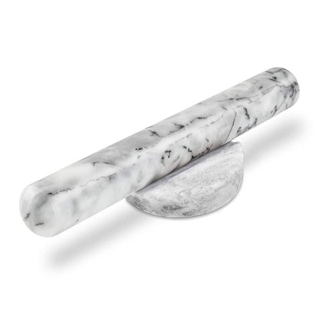AntTech Genuine Smooth Marble Rolling Pin Sits on Matte Base Weight with Large Comfort Grip Handles to Ease Effort -11.8" Length, White