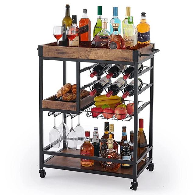 VONLUCE Bar Cart, Bakers Rack with Wheels & Wine Rack, 3 Tier Rolling Cart for Home & Kitchen with Removable Tray, Storage Cart for Coffee Bar Accessories, Kitchen Island for Organization and Serving