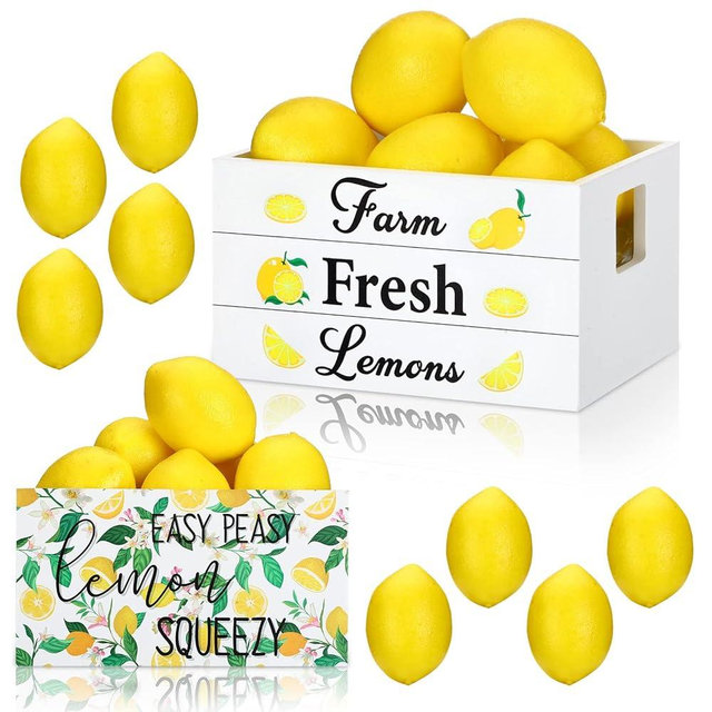 Marsui Lemon Mini Wooden Crate Summer Farmhouse Rustic Tiered Tray Decor with 8 Fake Lemon Lemonade Kitchen Decorations for Fall Thanksgiving Home Table Decor Party Centerpiece