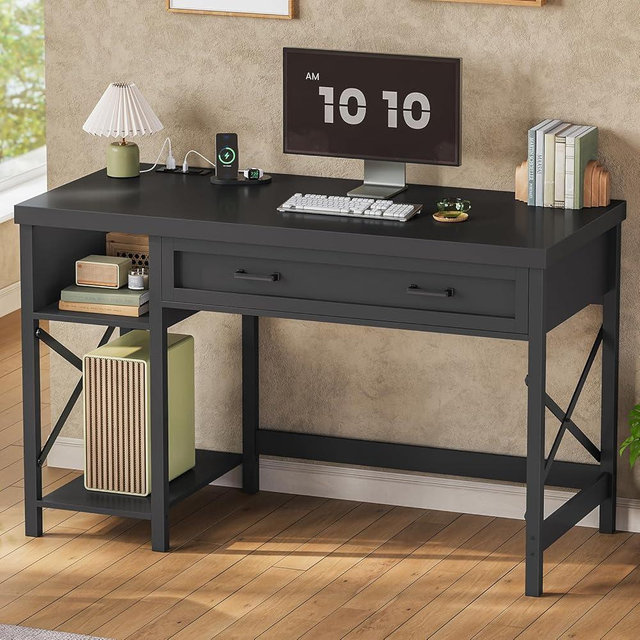 SEDETA 40" Small Computer Desk, Farmhouse Small Desk with Drawer & Storage Shelves, Writing Desk with Power Outlet, Study Table, Desk for Bedroom, Home Office, Black