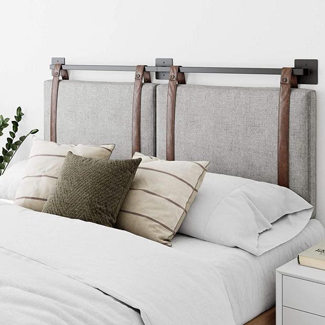 Nathan James Harlow Wall Mount Faux Leather or Fabric Upholstered Headboard, Adjustable Height Vintage Brown Straps with Black Matte Metal Rail, King, Gray