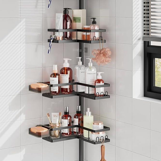 YASONIC Corner Shower Caddy Tension Pole, 25.7-109.1in Adjustable Shower Shelves, Rust-Resistant Shower Organizer, No-Drill 3-Step Installation, Bathroom Shelves for Renters & Family, Black