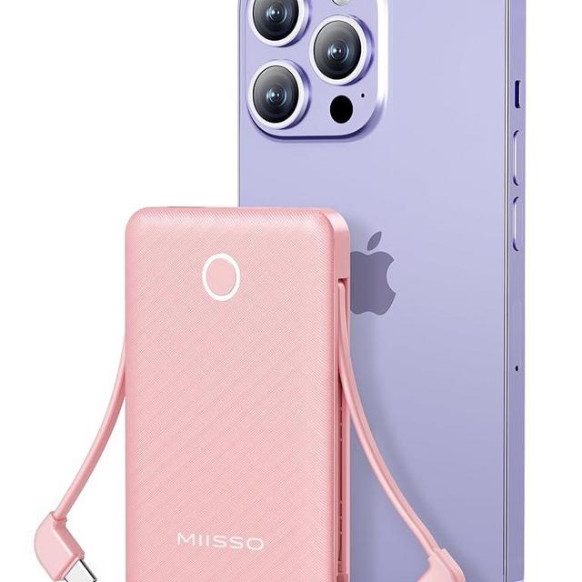 miisso 6000mah Ultra Slim Built in Cables Power Bank, Card Size Built in USB C Cords Battery Pack Portable Charger for Phones, 3 Output External Battery Pack Compatible with iPhone, Pink
