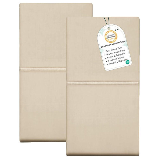 Feather & Stitch 100% Cotton King Pillow Covers Set of 2, 500TC Envelope Closure Pillowcases, Soft Luxury Damask Stripe Sateen Weave Pillow Case for Sleeping, 20x40 Inches - Champagne Beige