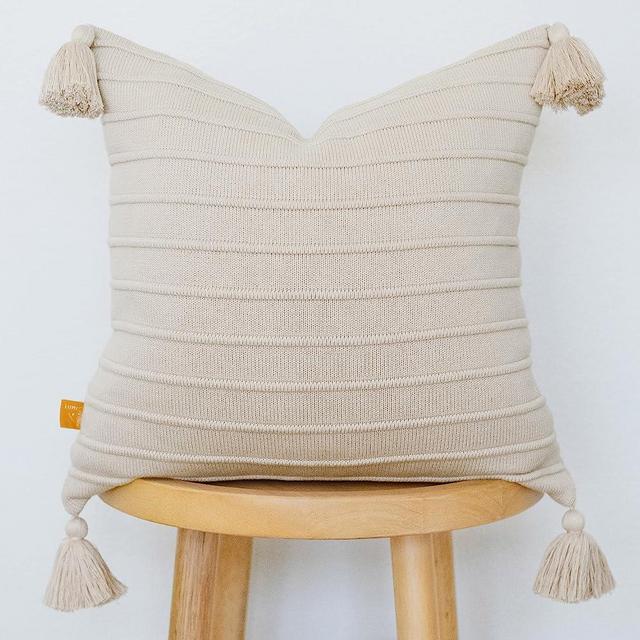 Lumi Living 100% Soft Cotton Raised Stripes Textured Rib Knit Throw Pillow Cover with Tassels (20x20, Neutral S2)