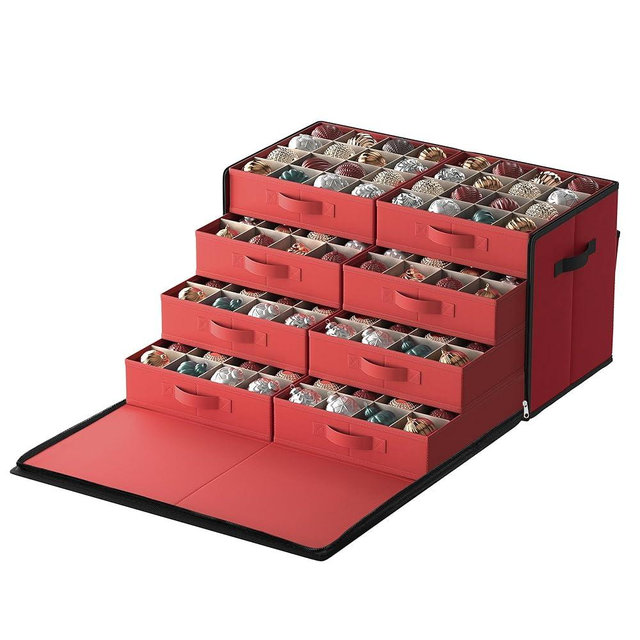 SONGMICS Large Christmas Ornament Storage Box, with Side Open, Stackable Christmas Storage Container with Lid, 8 Drawer Trays, 600D Oxford, 3-Inch 128 Slots, Cherry Red URFB038R01