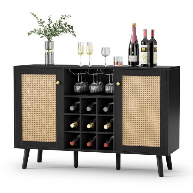 Giluta Farmhouse Coffee Bar Cabinet with Storage, 47.2" Liquor Cabinet with 2 Door, Wine and Glass Rack, Storage Shelves, Buffet Cabinet Bar Cupboard for Kitchen, Dining Room, Black