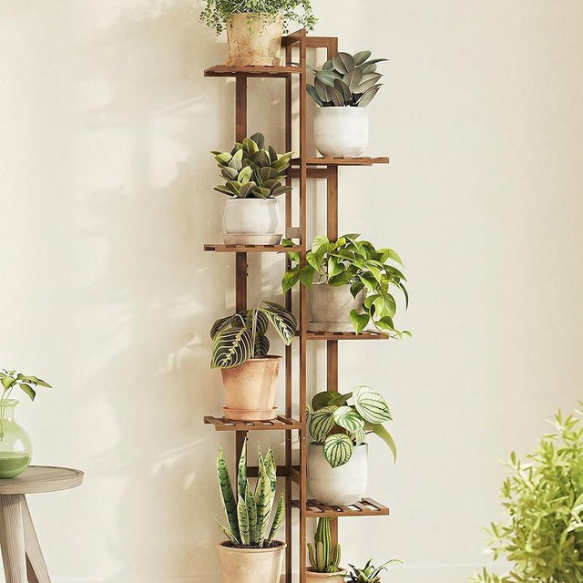 Bamworld Bamboo Plant Stand Indoor 7 Tiered Plant Shelf Outdoor Corner Plant Rack for Multiple Plants Flower Stand Plant Holder for Living Room Bedroom Balcony Patio Garden 55 Inch Tea Brown