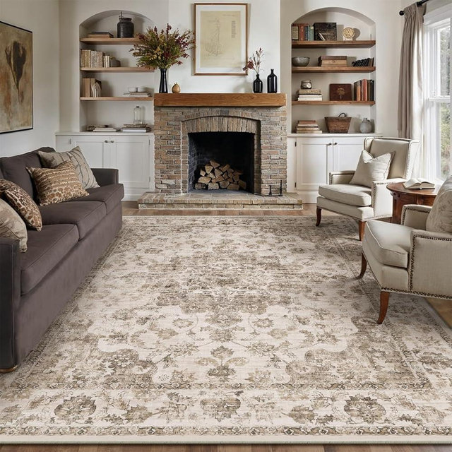 WondRg 8x10 Washable Neutral Area Rug Brown Floral Living Room Bedroom Large Carpet Non-Slip Low Pile Vintage Soft Thin Throw Rug for Dining Room Office Kitchen Indoor Nursery