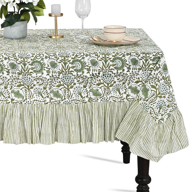 CPC Agate Green Block Print Ruffle Tablecloth 100% Cotton 60" x 60" Square Floral Table Cover, Elegant, Vintage, Shabby Chic Home Decor for Dining, Kitchen, Farmhouse, Gift for Spring, Easter