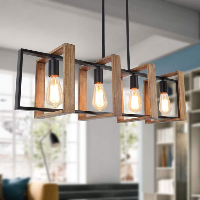 ANJULL 35.4" Kitchen Island Lighting,4 - Light Dining Room Farmhouse Chandelier,Black Modern Pendant Lighting,Pool Table Lights,Wood and Matte Black Metal Finish