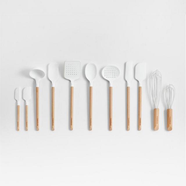 Crate & Barrel White Silicone and Wood Utensils, Set of 11