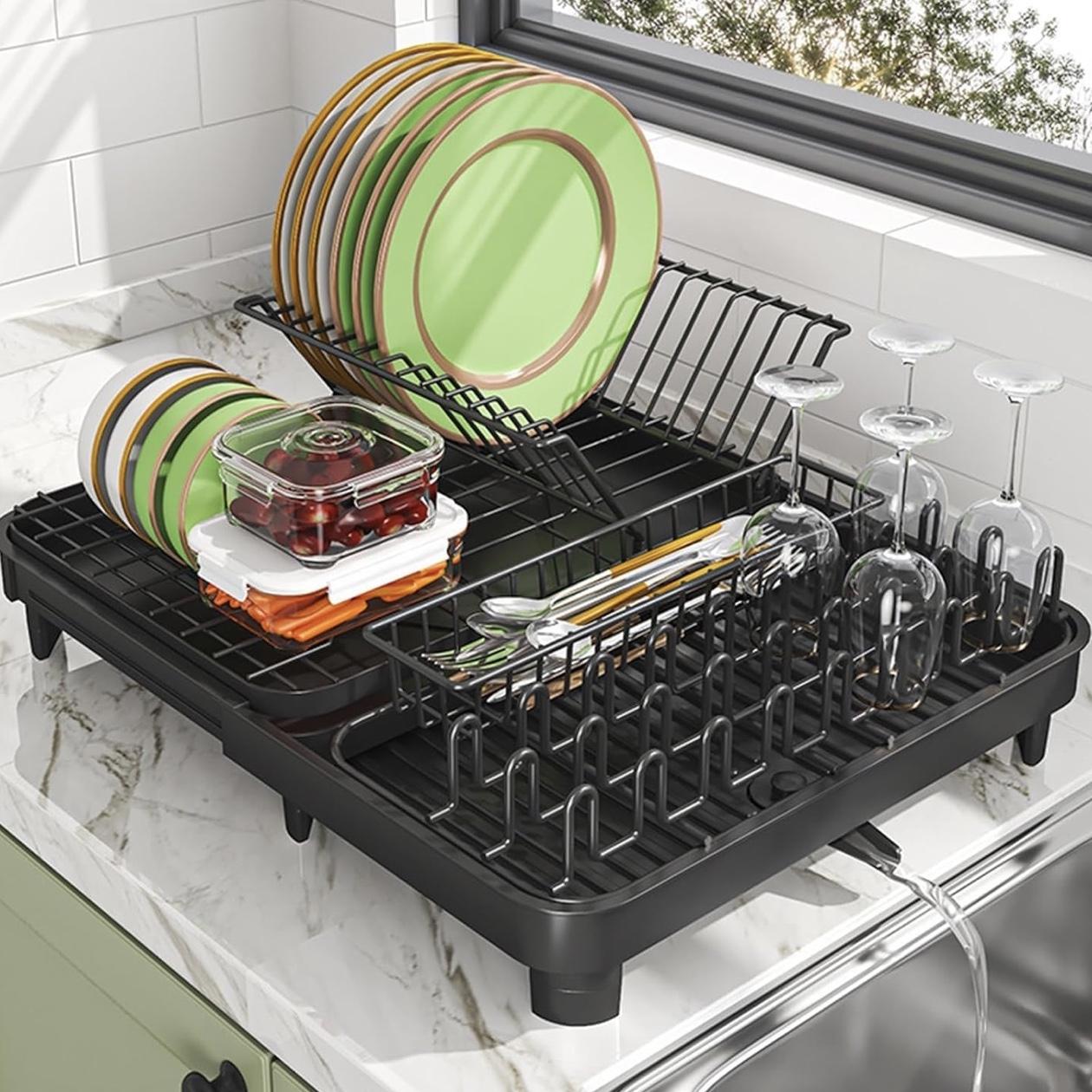 LEMIKKLE Dish Drying Rack, Large-Capacity Dish Drainer with Cutlery Holder Rotatable Water Drainer for Kitchen Counter,20.5" D x 16.1" W x 5.5" H