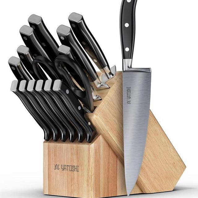 Yatoshi 15 Piece Black Knife Block Set - Pro Kitchen Knife Set Ultra Sharp High Carbon Stainless Steel with Ergonomic Handle