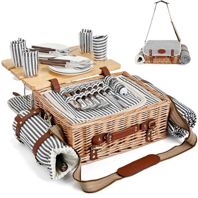 Multifunctional Wicker Picnic Basket Set for 4 with Blanket and Picnic Table, Insulated Picnic Set with Full Tablewares for Camping Outdoor Couples, Stripes