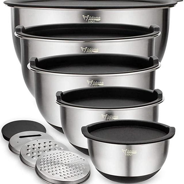 Mixing Bowls Set of 5, Wildone Stainless Steel Nesting Bowls with Airtight Lids, 3 Grater Attachments, Measurement Marks & Non-Slip Bottoms, Size 5, 3, 2, 1.5, 0.63 QT, Great for Mixing & Serving