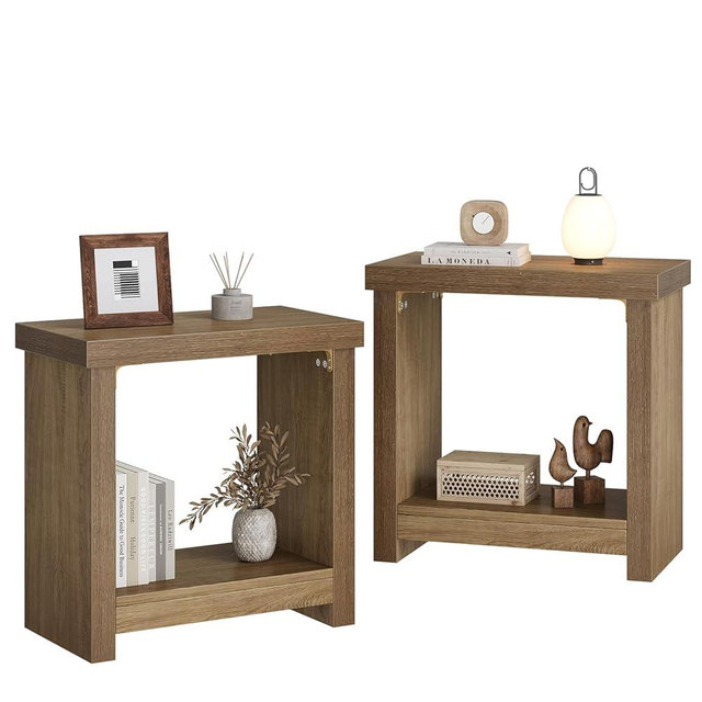End Tables Set of 2 for Living Room, Narrow Side Tables with Storage Shelves, Square End Table for Bedroom, Slim Nightstand, Skinny Rectangle Accent Table, Farmhouse Bedside Table, Brown (2 Pieces)