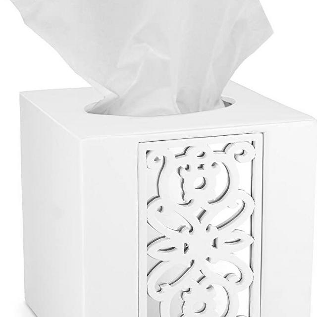 Mirror Janette Tissue Box Cover Square (6"x 6" x 6") - Decorative Bath Tissues Paper Napkin Holder- Modern Serviette Napkins Container- Bottom Slider (White) - Creative Scents