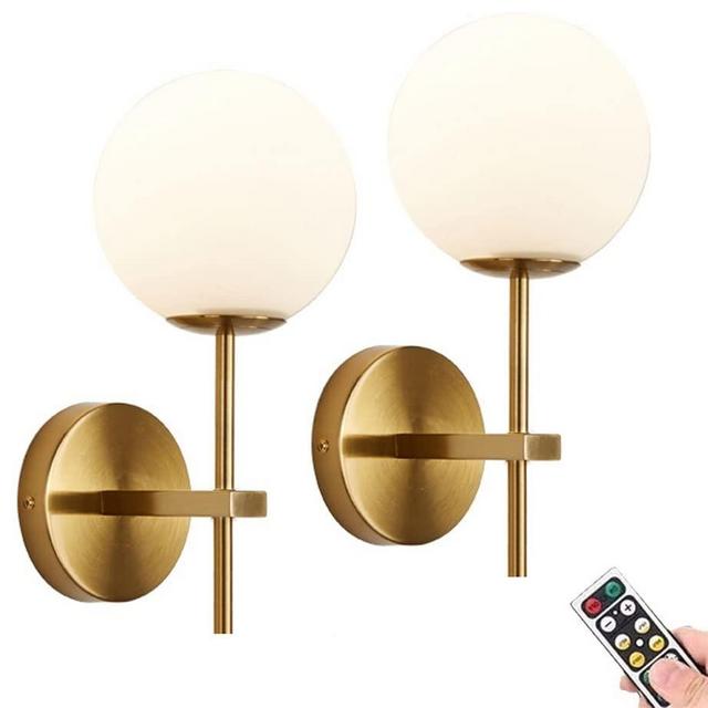 KEFA 2 Pack Battery Operated Wall Sconces / Wall Lights, None Hardwired Brass Gold -White Glass Globe Wall Lamps, Wireless Light Fixture for Bedroom, Living Room, Bathroom, Hallway, Stairs