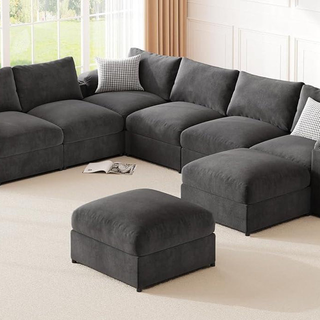 HOMYHOMEY Modular Sectional Sofa Couch for Living Room Velvet Couches Oversized U Shaped Convertible Sleeper Sofa Chaise Detachable Armrest Cushion Cup Holder (Grey, 8 Seats)