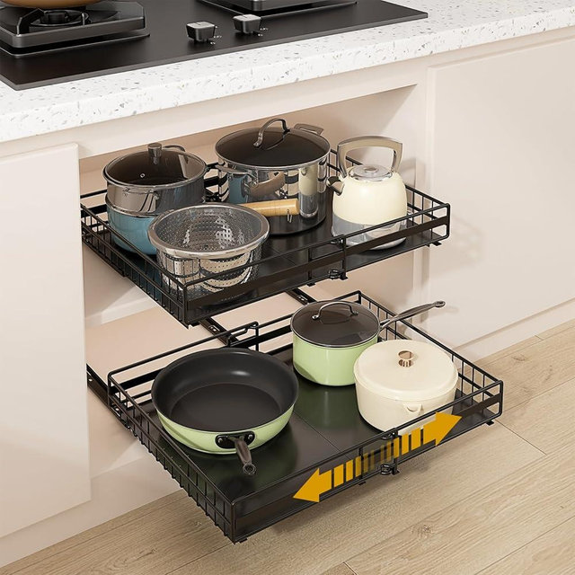 REALINN 2 Pack Pull Out Cabinet Organizer, Expandable(12"-20") Slide Out Drawers 3 Slide Rails Fix with Adhesive or Screw, Roll Out Shelves for Kitchen Cabinet Organization, Black