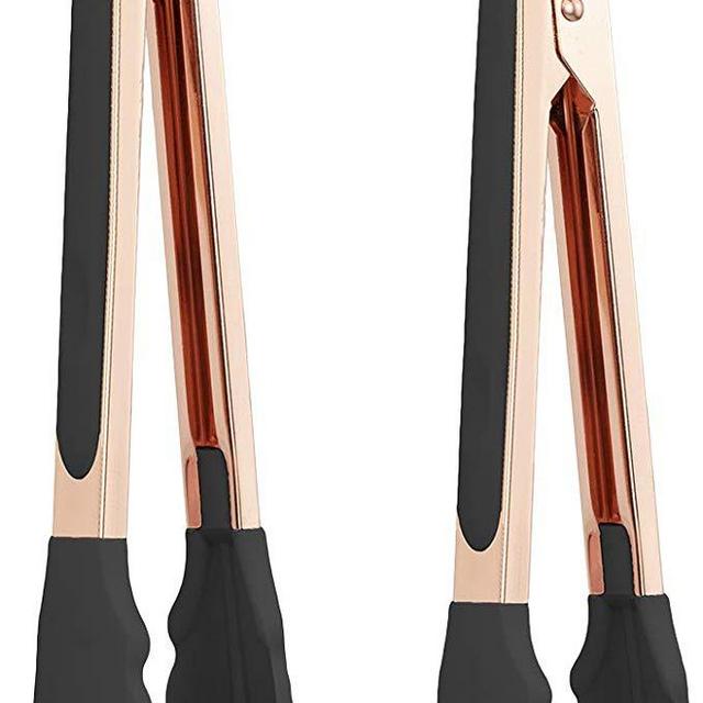 COOK with COLOR Stainless Steel Silicone Tipped Kitchen Food BBQ and Cooking Tongs Set of Two 9” and 12” for Non Stick Cookware, BPA Fee, Stylish, Sturdy, Locking, Grill Tongs, Rose Gold and Black