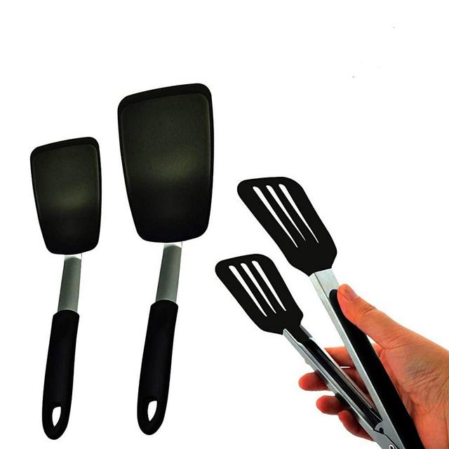 3 Pack Flexible Silicone Spatulas with Tongs, Set 600F Heat Resistant Flexible Rubber Silicone Kitchen Tools Cooking Utensil, Ideal for Flipping, Spatulas turner For Nonstick Cookware.