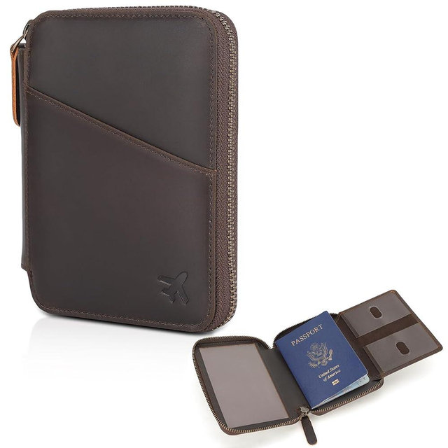 Polare Leather Pilot Wallet Passport Holder RFID Blocking Tri-fold Travel Cover Document Organizer for Aviation Professionals (Dark Brown(YKK Zipper Version))