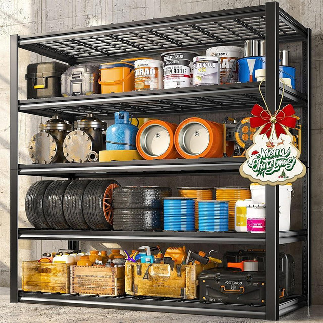 REIBII 48.2''W Garage Shelving 3000LBS Heavy Duty Storage Shelves 72''H Adjustable 5 Tier Metal Shelving for Garage Storage Rack Industrial Shelves Utility Shelf, 48.2''W X 72.2''H X 24.2''D, Black