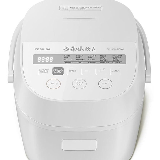 TOSHIBA OriginTaste Rice Cooker 10-Cup Uncooked, Fuzzy Logic, 15-in-1 Functions, Digital Display, Delay Timer, Keep Warm, Nonstick Inner Pot, White