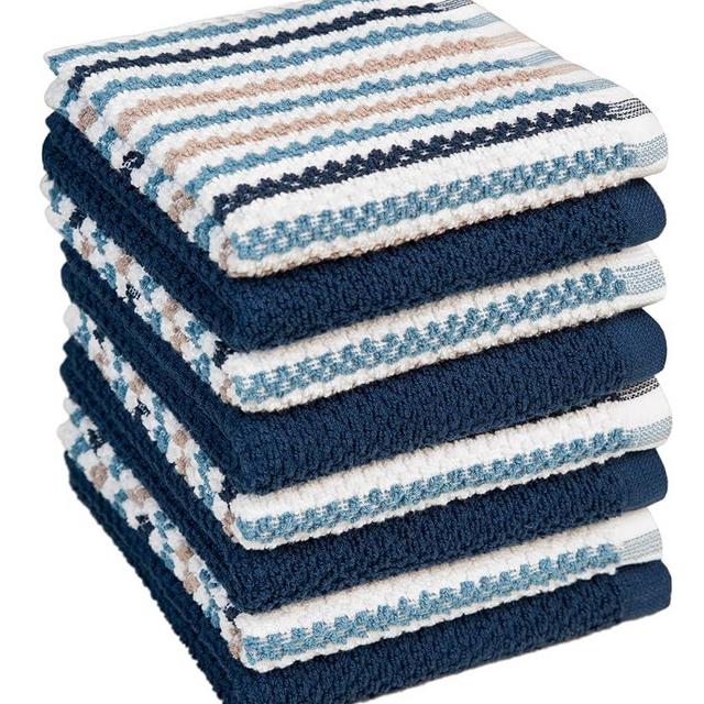 Bumble Premium Dish Cloths Towel 12"x12" | 100% Natural Ring Spun Cotton Tea Towel Set | 430 GSM | Highly Absorbent & Soft Dish Towels | 8 Pack - 4 Popcorn Wide Striped & 4 Solid Kitchen Towels - Blue